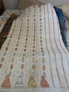 Embroidered White Handloom Textile with Metallic Accents